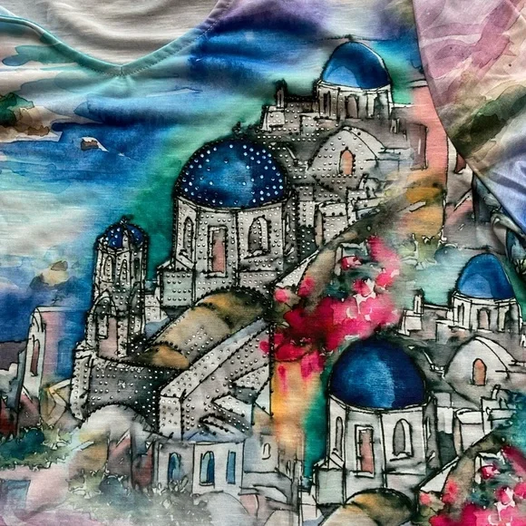 Chico’s Santorini High/Low V-neck Short Sleeve Watercolor Top - Size 3 (US 16) - Picture 4 of 9